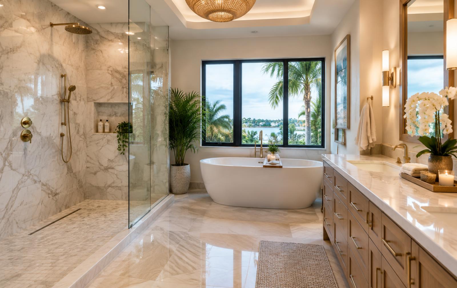 Renovated luxury bathroom with marble walk-in shower, freestanding tub and tropical view