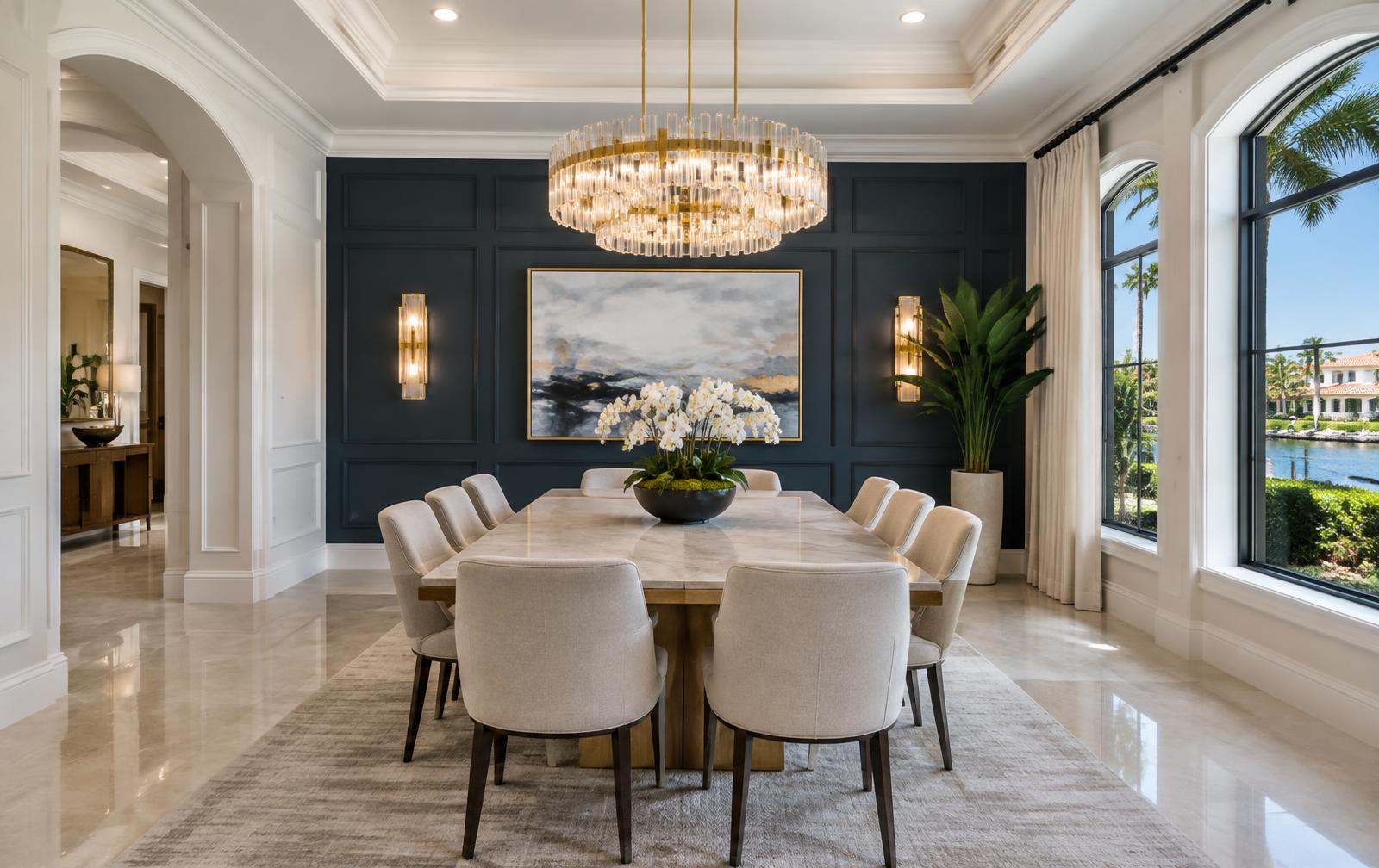 Renovated dining room with an accent wall, statement chandelier and new trim