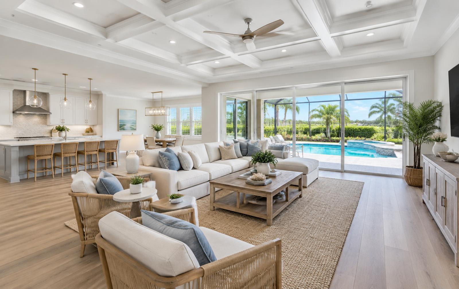 Renovated open-concept Florida living room and kitchen with new floors and coffered ceilings